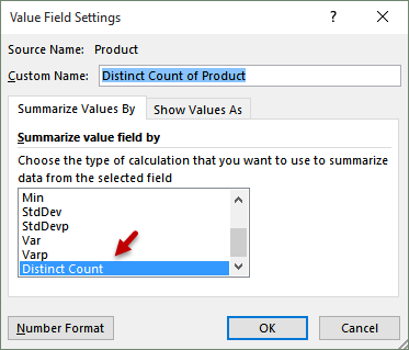 distinct count - value field settings