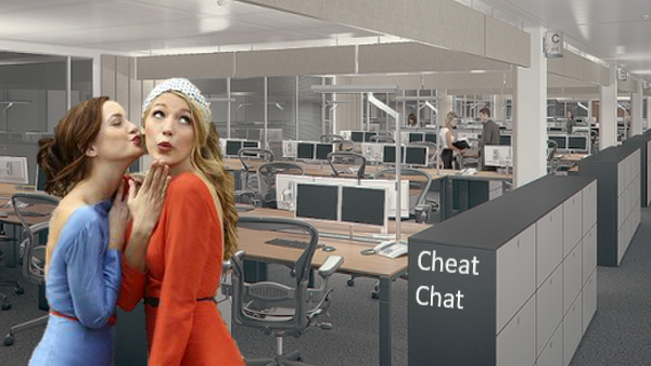 Office politics chat graphic showing two ladies in a large office space