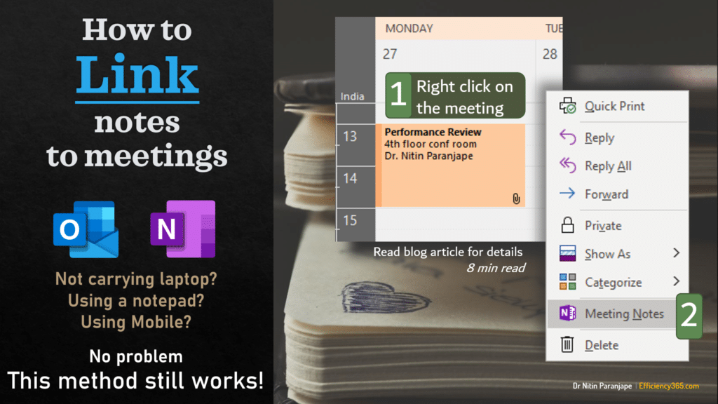 how to link notes to meetings - right click on meeting - meeting notes