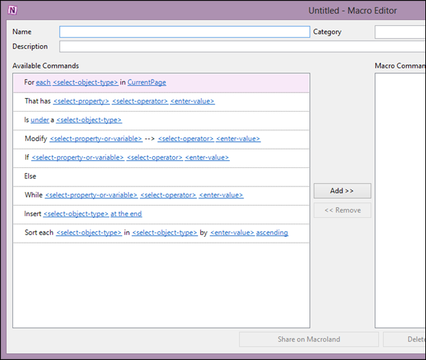 OneNote macro editor