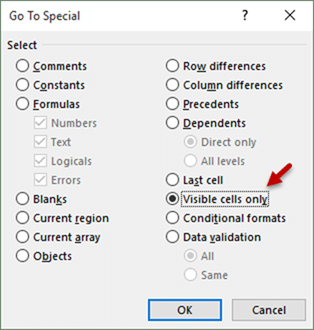 Go To Special dialog with Visible Cells Only selected
