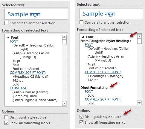 See Word Formatting - With and without style source