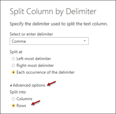 Split column by Delimiter dialog