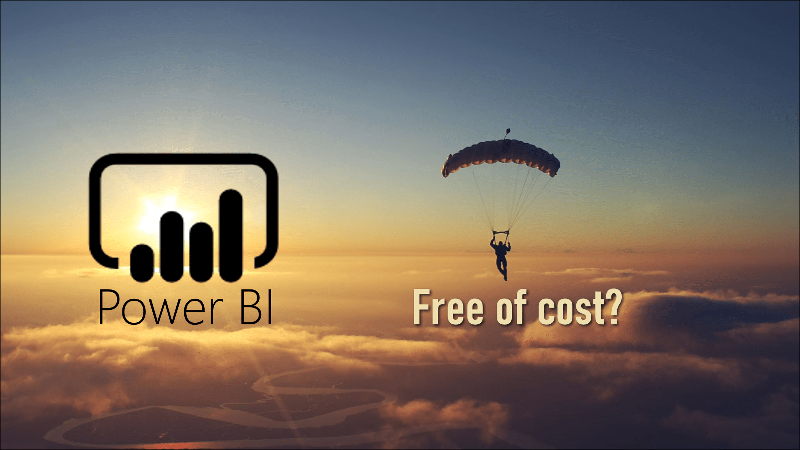 Power BI free of cost poster showing the logo and a skydiver 