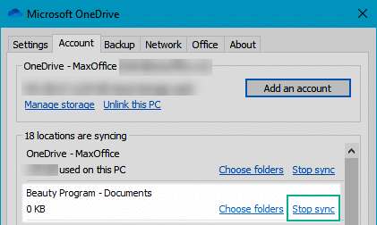 Stop sync option in OneDrive